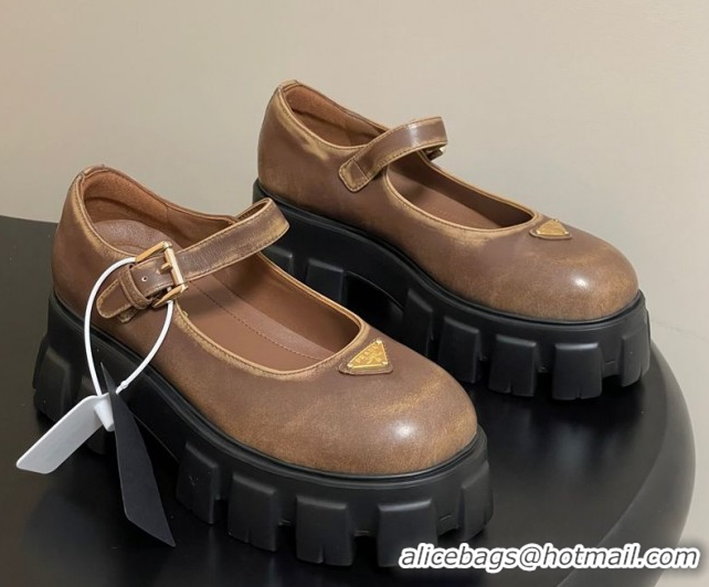 Luxurious Prada Faded Leather Monolith Platform Mary Janes Shoes 5cm Brown 2025 1F080O 1027041