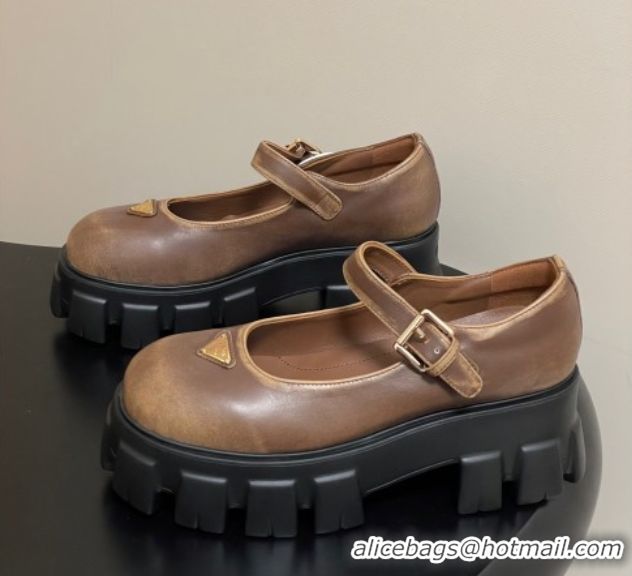 Luxurious Prada Faded Leather Monolith Platform Mary Janes Shoes 5cm Brown 2025 1F080O 1027041