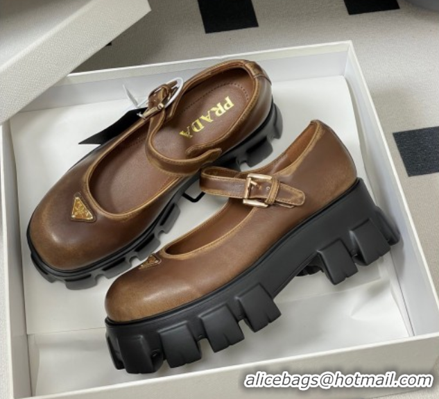Luxurious Prada Faded Leather Monolith Platform Mary Janes Shoes 5cm Brown 2025 1F080O 1027041