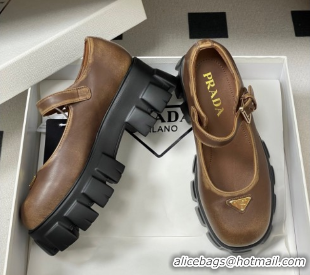 Luxurious Prada Faded Leather Monolith Platform Mary Janes Shoes 5cm Brown 2025 1F080O 1027041