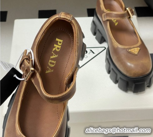Luxurious Prada Faded Leather Monolith Platform Mary Janes Shoes 5cm Brown 2025 1F080O 1027041