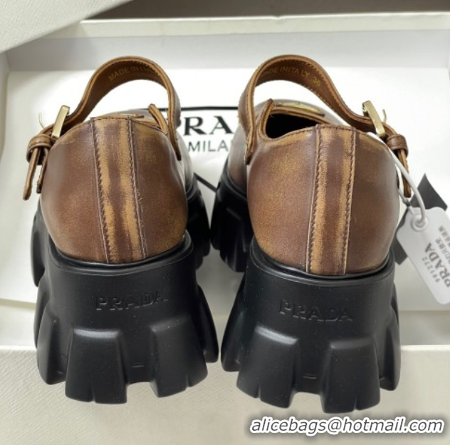 Luxurious Prada Faded Leather Monolith Platform Mary Janes Shoes 5cm Brown 2025 1F080O 1027041