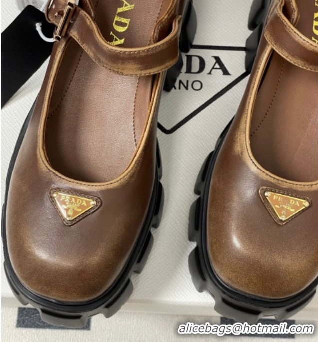 Luxurious Prada Faded Leather Monolith Platform Mary Janes Shoes 5cm Brown 2025 1F080O 1027041