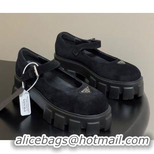 Good Looking Prada Suede Monolith Platform Mary Janes Shoes 5cm Black 2025 1F080O 1027042