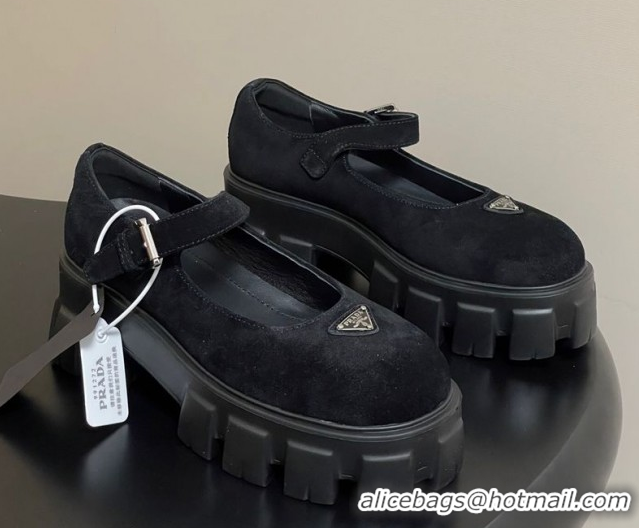 Good Looking Prada Suede Monolith Platform Mary Janes Shoes 5cm Black 2025 1F080O 1027042