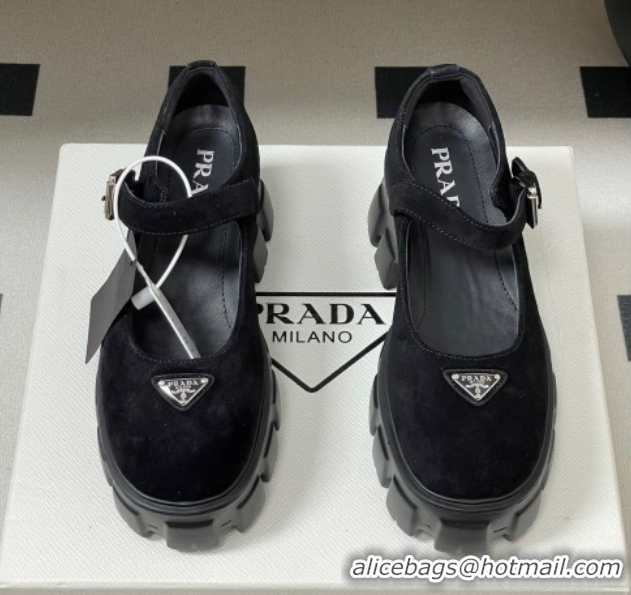 Good Looking Prada Suede Monolith Platform Mary Janes Shoes 5cm Black 2025 1F080O 1027042