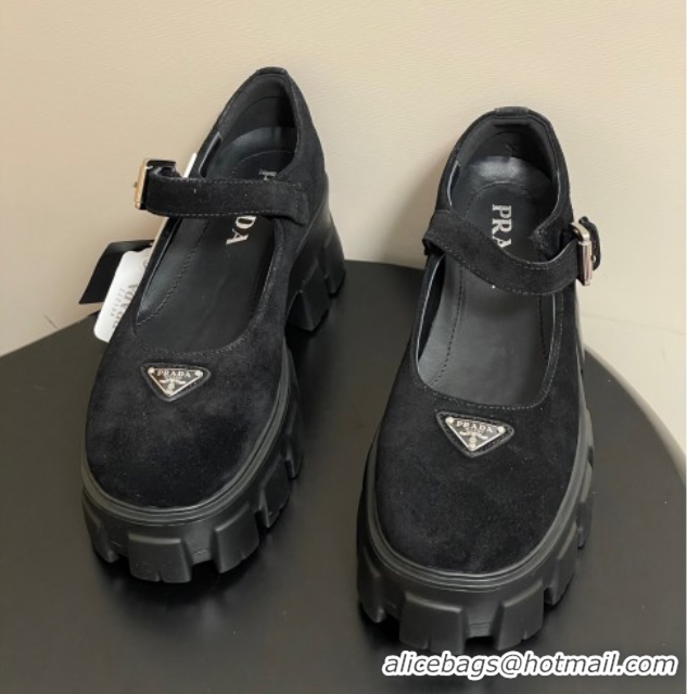 Good Looking Prada Suede Monolith Platform Mary Janes Shoes 5cm Black 2025 1F080O 1027042