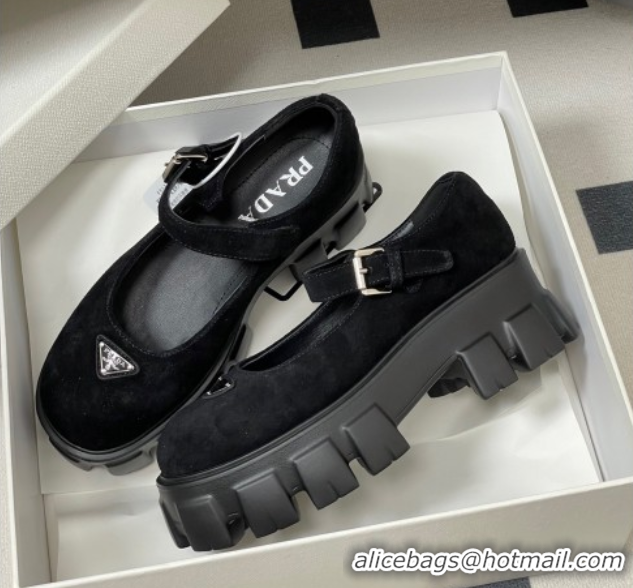 Good Looking Prada Suede Monolith Platform Mary Janes Shoes 5cm Black 2025 1F080O 1027042