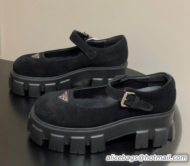 Good Looking Prada Suede Monolith Platform Mary Janes Shoes 5cm Black 2025 1F080O 1027042