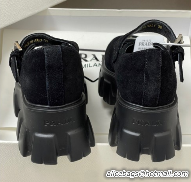 Good Looking Prada Suede Monolith Platform Mary Janes Shoes 5cm Black 2025 1F080O 1027042