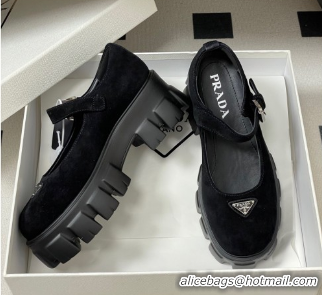Good Looking Prada Suede Monolith Platform Mary Janes Shoes 5cm Black 2025 1F080O 1027042