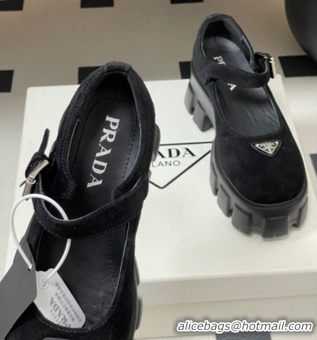 Good Looking Prada Suede Monolith Platform Mary Janes Shoes 5cm Black 2025 1F080O 1027042