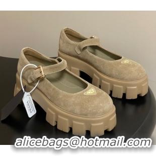 Unique Style Prada Suede Monolith Platform Mary Janes Shoes 5cm Beige 2025 1F080O 1027043