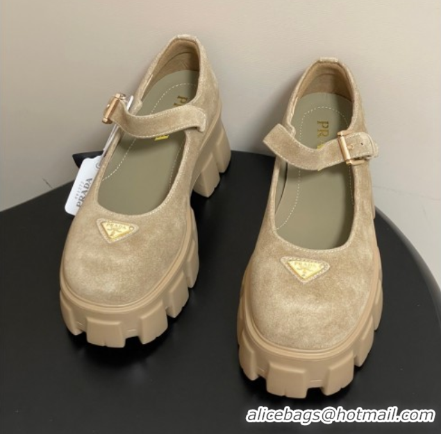 Unique Style Prada Suede Monolith Platform Mary Janes Shoes 5cm Beige 2025 1F080O 1027043