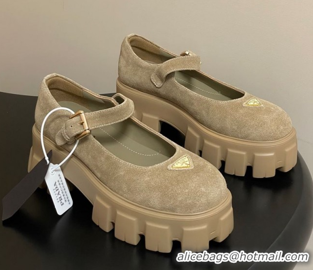 Unique Style Prada Suede Monolith Platform Mary Janes Shoes 5cm Beige 2025 1F080O 1027043