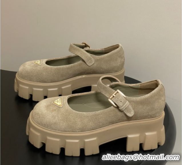 Unique Style Prada Suede Monolith Platform Mary Janes Shoes 5cm Beige 2025 1F080O 1027043