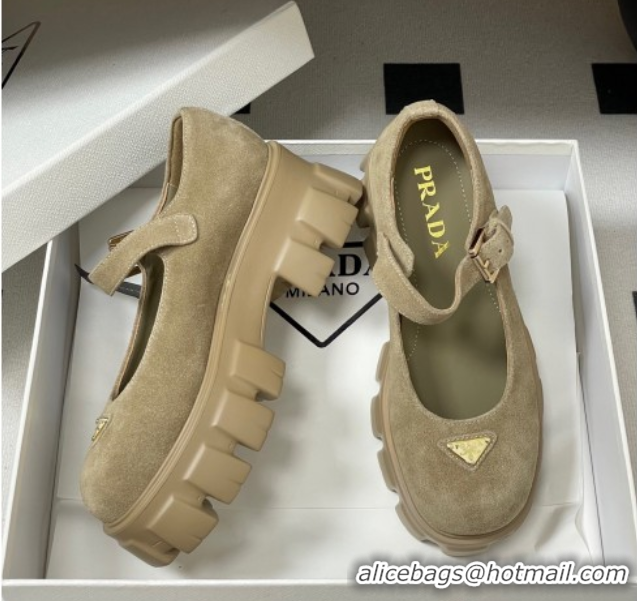 Unique Style Prada Suede Monolith Platform Mary Janes Shoes 5cm Beige 2025 1F080O 1027043