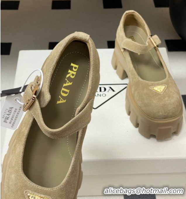 Unique Style Prada Suede Monolith Platform Mary Janes Shoes 5cm Beige 2025 1F080O 1027043