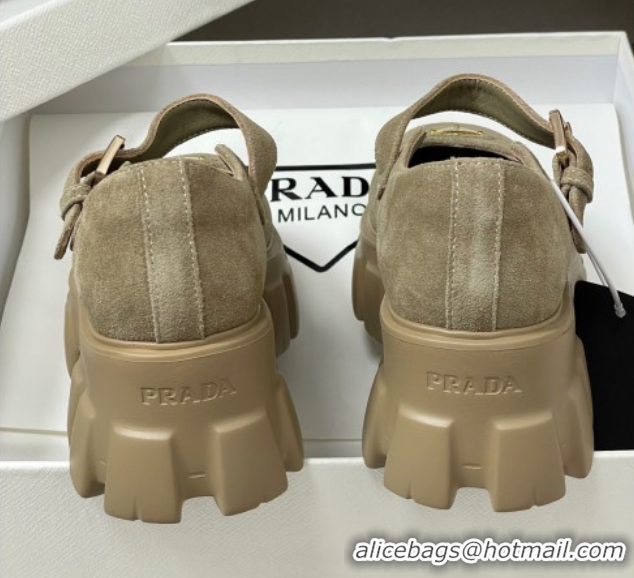 Unique Style Prada Suede Monolith Platform Mary Janes Shoes 5cm Beige 2025 1F080O 1027043