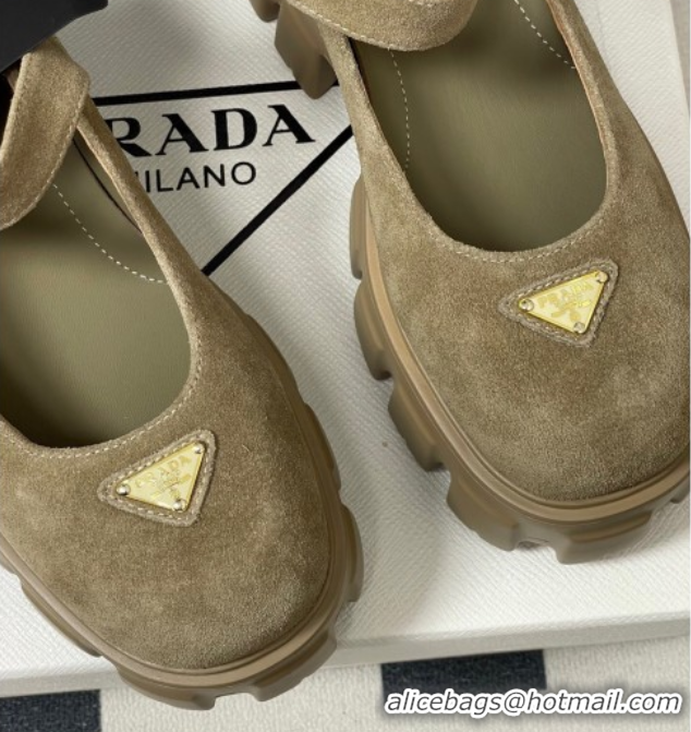 Unique Style Prada Suede Monolith Platform Mary Janes Shoes 5cm Beige 2025 1F080O 1027043
