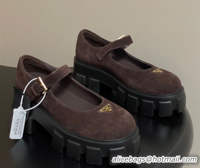 Good Product Prada Suede Monolith Platform Mary Janes Shoes 5cm Dark Brown 2025 1F080O 1027044
