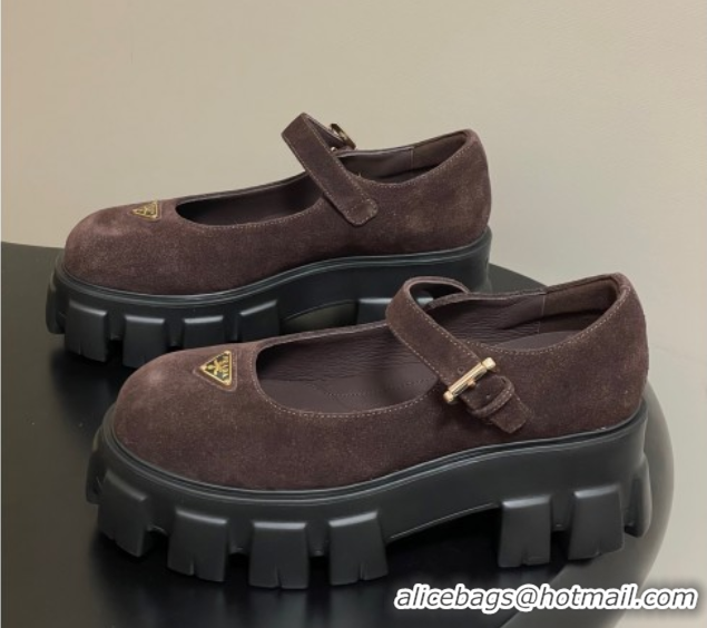 Good Product Prada Suede Monolith Platform Mary Janes Shoes 5cm Dark Brown 2025 1F080O 1027044