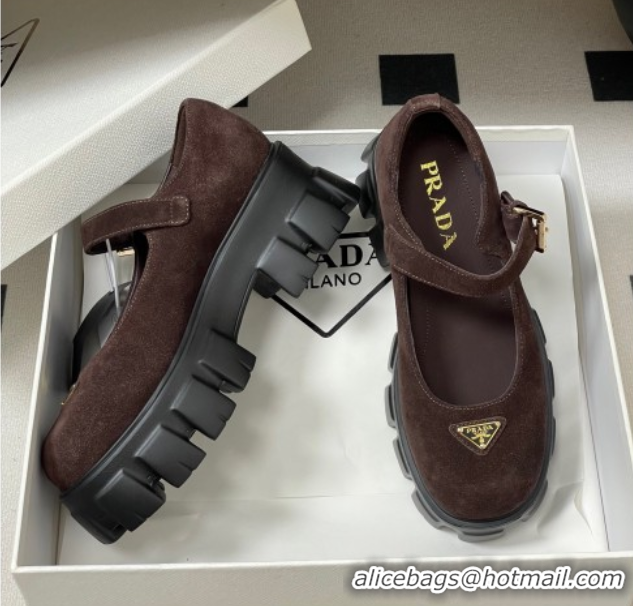 Good Product Prada Suede Monolith Platform Mary Janes Shoes 5cm Dark Brown 2025 1F080O 1027044