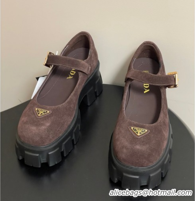 Good Product Prada Suede Monolith Platform Mary Janes Shoes 5cm Dark Brown 2025 1F080O 1027044