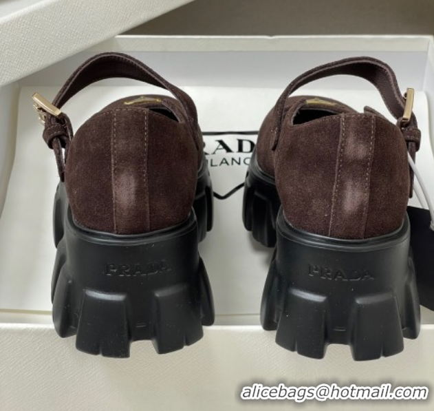 Good Product Prada Suede Monolith Platform Mary Janes Shoes 5cm Dark Brown 2025 1F080O 1027044