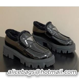 Best Grade Prada Patent Leather and Wool Platform Loafers 5cm Black 2025 1D185O 1027045