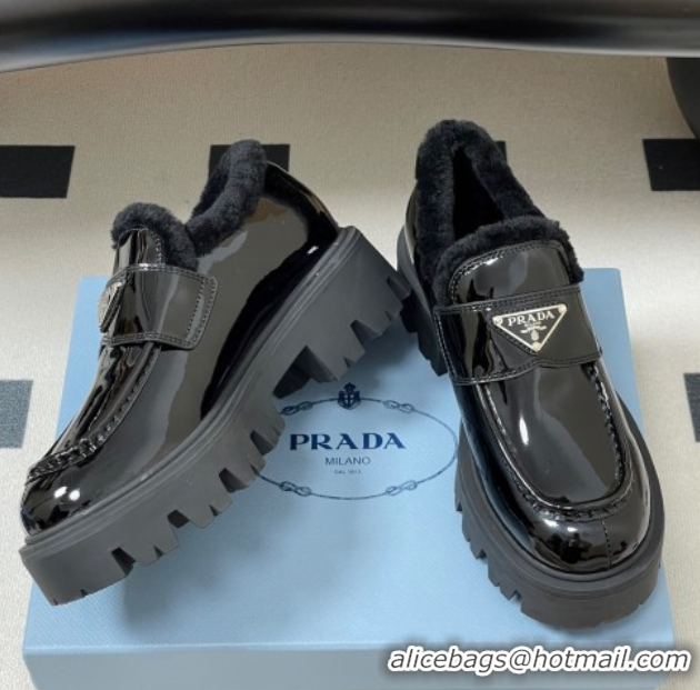 Best Grade Prada Patent Leather and Wool Platform Loafers 5cm Black 2025 1D185O 1027045