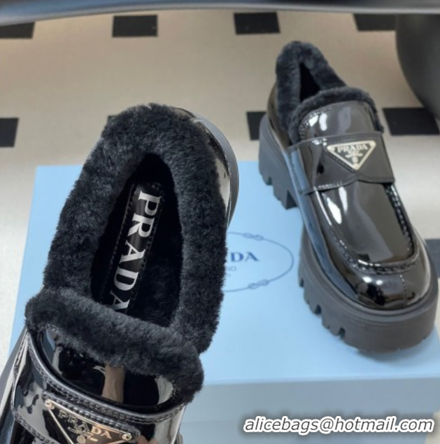 Best Grade Prada Patent Leather and Wool Platform Loafers 5cm Black 2025 1D185O 1027045
