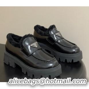 Best Product Prada Brushed Leather and Wool Platform Loafers 5cm Black 2025 1D185O 1027046