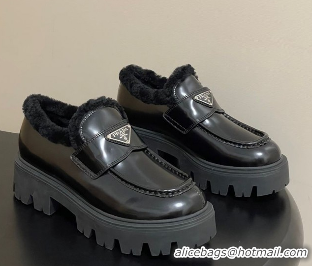 Best Product Prada Brushed Leather and Wool Platform Loafers 5cm Black 2025 1D185O 1027046