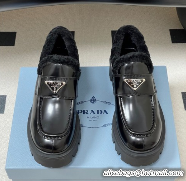 Best Product Prada Brushed Leather and Wool Platform Loafers 5cm Black 2025 1D185O 1027046