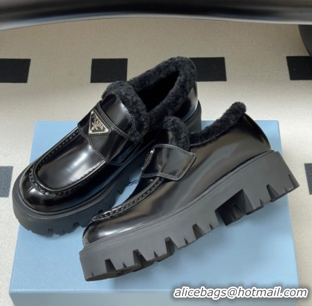 Best Product Prada Brushed Leather and Wool Platform Loafers 5cm Black 2025 1D185O 1027046