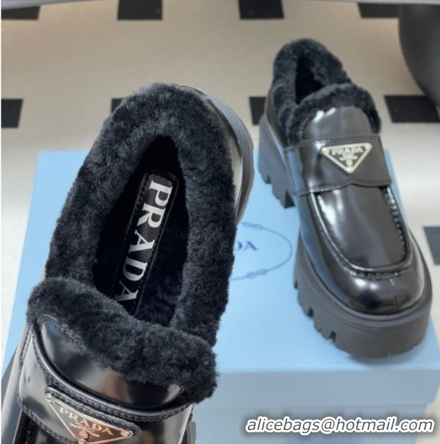 Best Product Prada Brushed Leather and Wool Platform Loafers 5cm Black 2025 1D185O 1027046