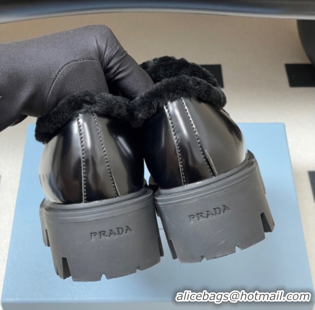 Best Product Prada Brushed Leather and Wool Platform Loafers 5cm Black 2025 1D185O 1027046