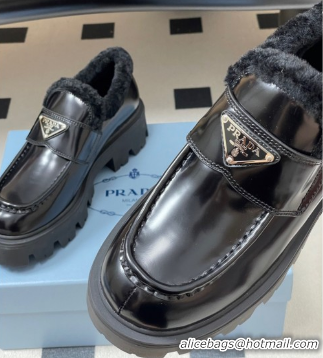 Best Product Prada Brushed Leather and Wool Platform Loafers 5cm Black 2025 1D185O 1027046