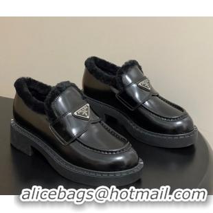 Sumptuous Prada Brushed Leather and Wool Loafers Black 2025 1D246M 1027047