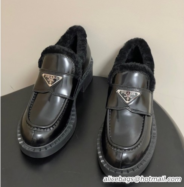 Sumptuous Prada Brushed Leather and Wool Loafers Black 2025 1D246M 1027047