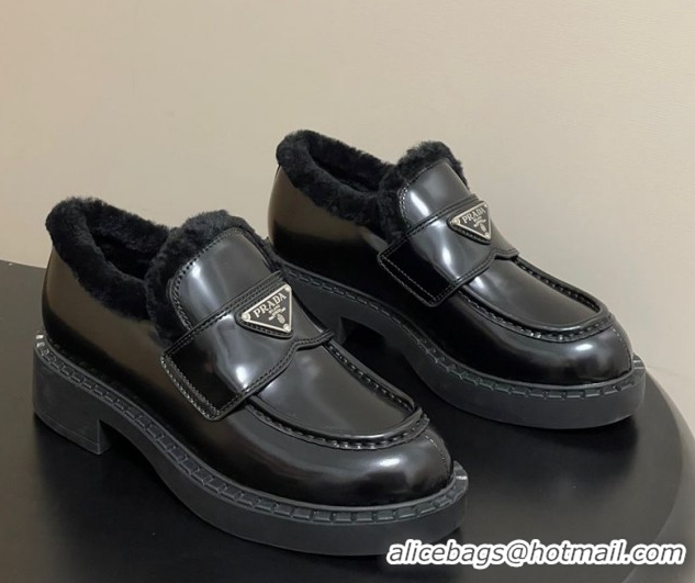 Sumptuous Prada Brushed Leather and Wool Loafers Black 2025 1D246M 1027047