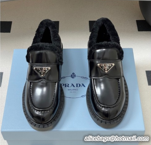Sumptuous Prada Brushed Leather and Wool Loafers Black 2025 1D246M 1027047