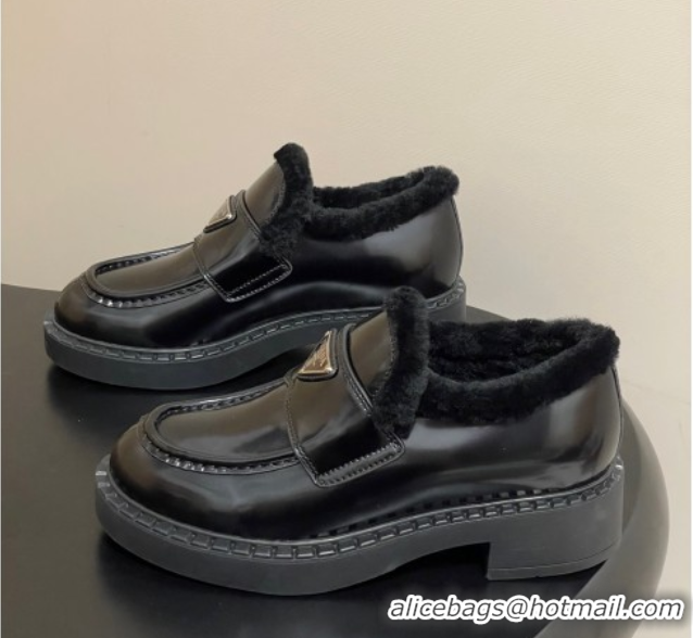 Sumptuous Prada Brushed Leather and Wool Loafers Black 2025 1D246M 1027047