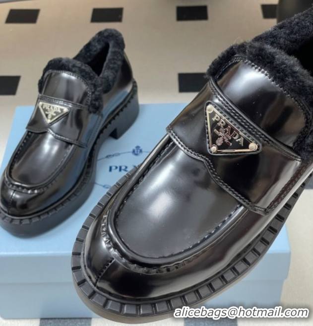 Sumptuous Prada Brushed Leather and Wool Loafers Black 2025 1D246M 1027047