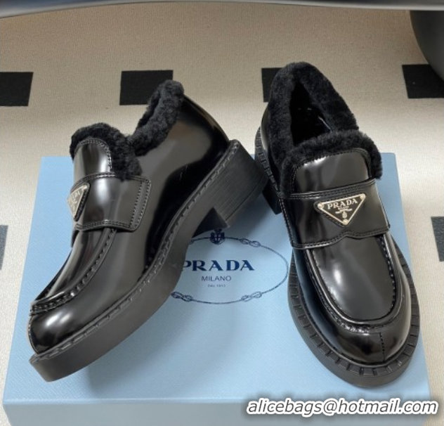 Sumptuous Prada Brushed Leather and Wool Loafers Black 2025 1D246M 1027047