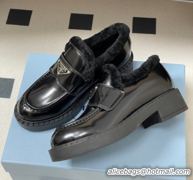 Sumptuous Prada Brushed Leather and Wool Loafers Black 2025 1D246M 1027047