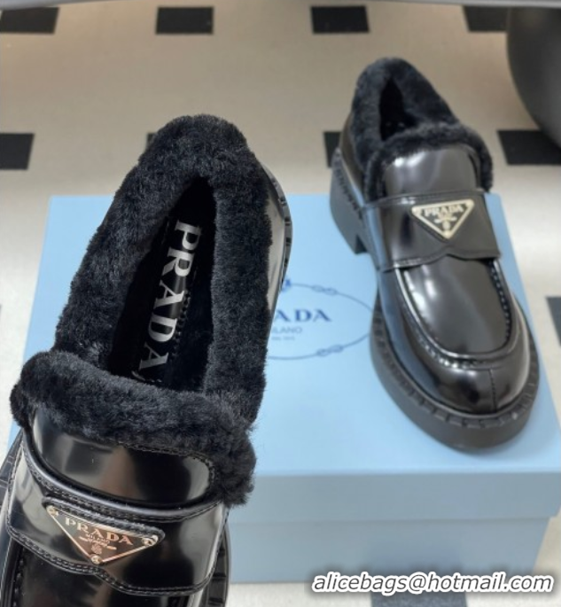 Sumptuous Prada Brushed Leather and Wool Loafers Black 2025 1D246M 1027047