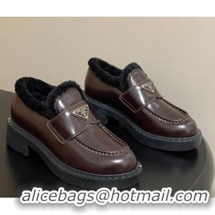 Stylish Prada Brushed Leather and Wool Loafers Brown 2025 1D246M 1027048