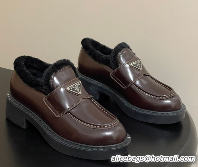 Stylish Prada Brushed Leather and Wool Loafers Brown 2025 1D246M 1027048